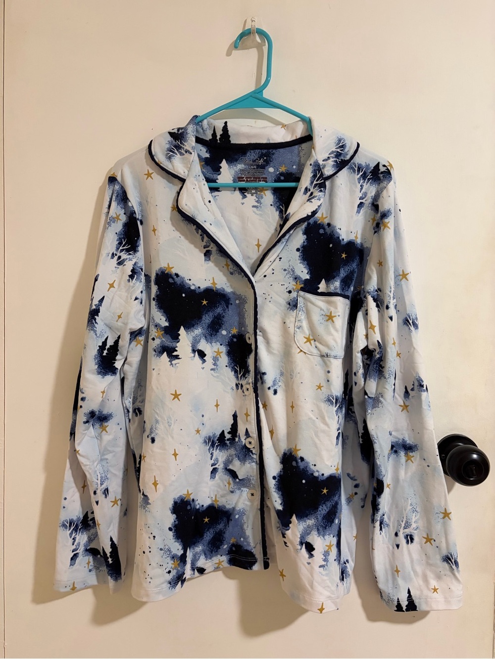 René Rofé Winter Forest Gold Star Pajama Set Blue Ivory